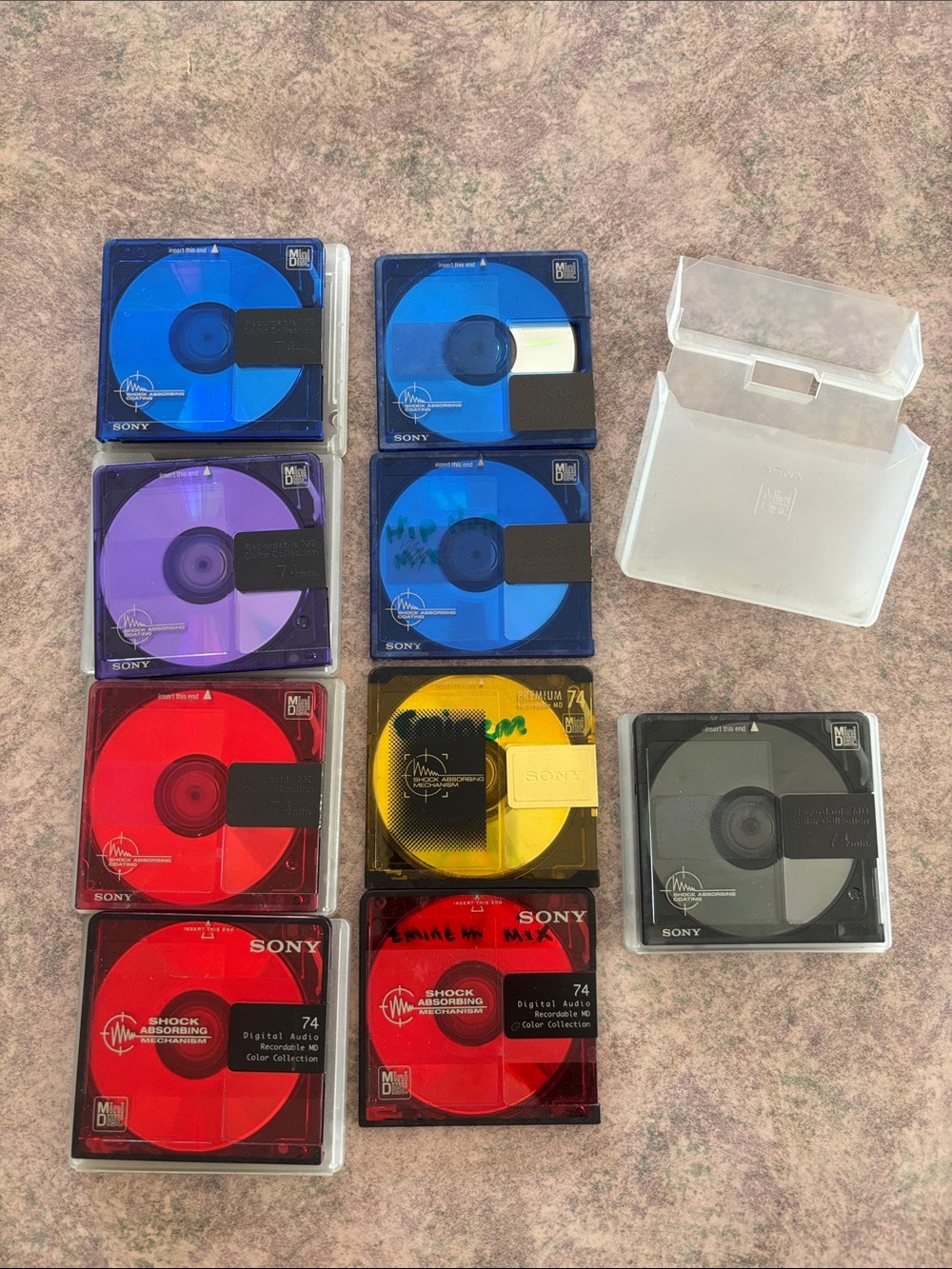 Sony MiniDisc Collection in Blue, Red, Purple, Yellow, Gray